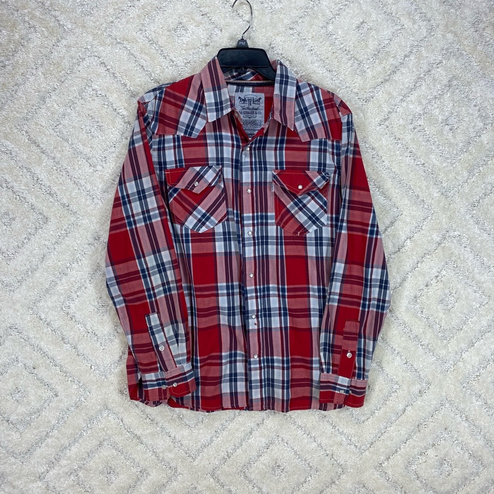 levi strauss long sleeve button up mens size medium plaid pearl buttons